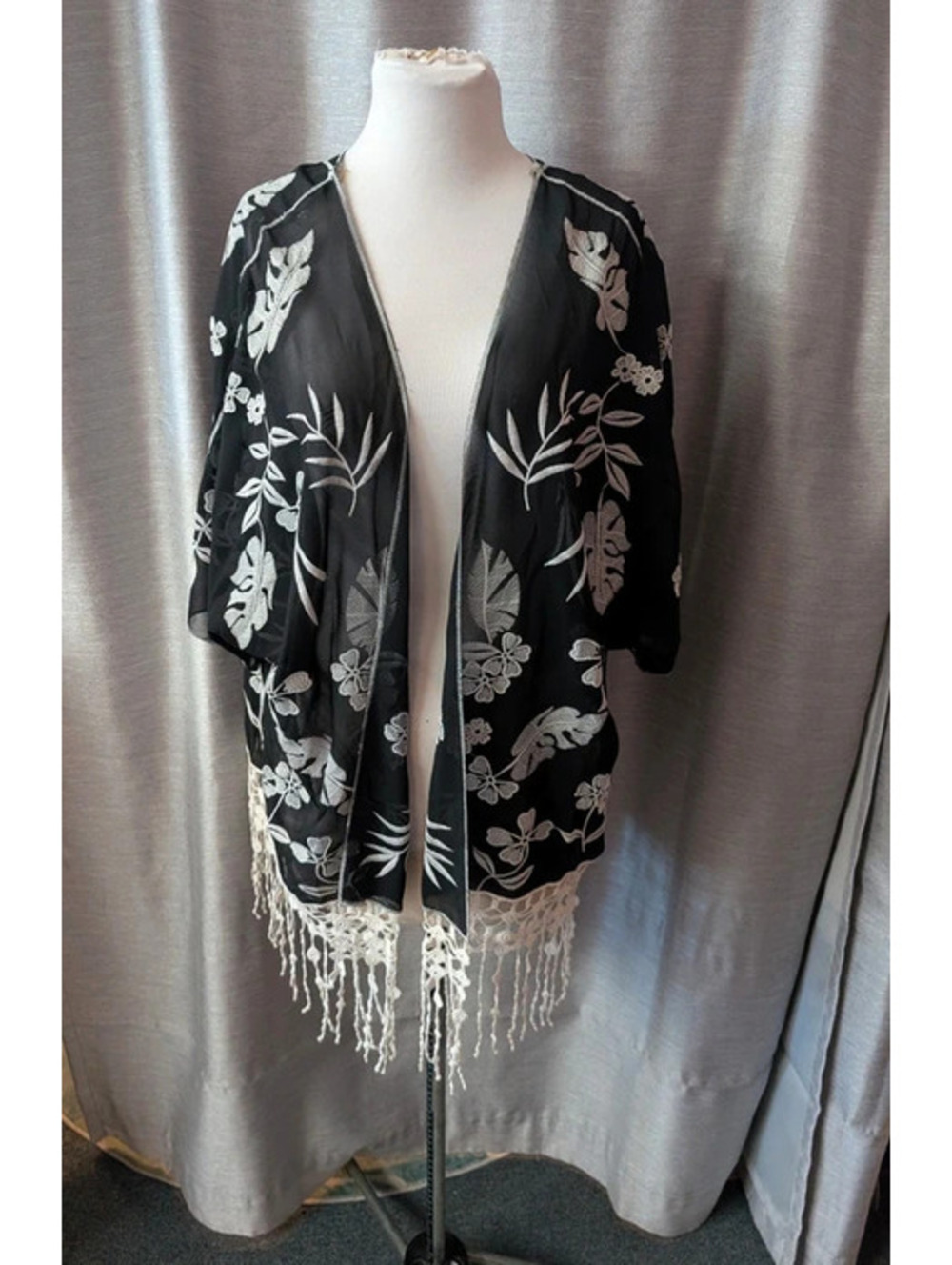 SOLD Black White Embroidered Sheer Duster Cover Up OS